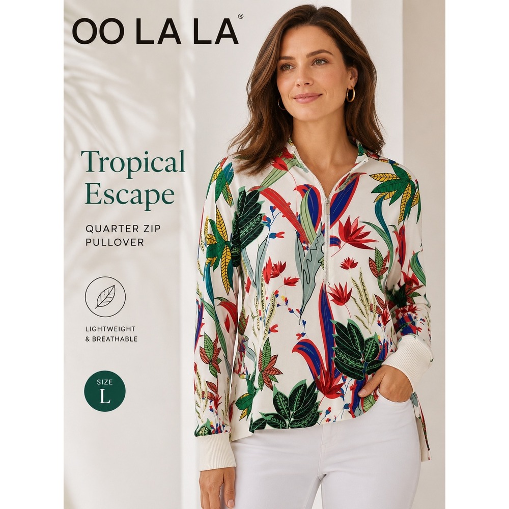 OO LA LA Quarter Zip Top Women Large White Tropical Floral Botanical Long Sleeve